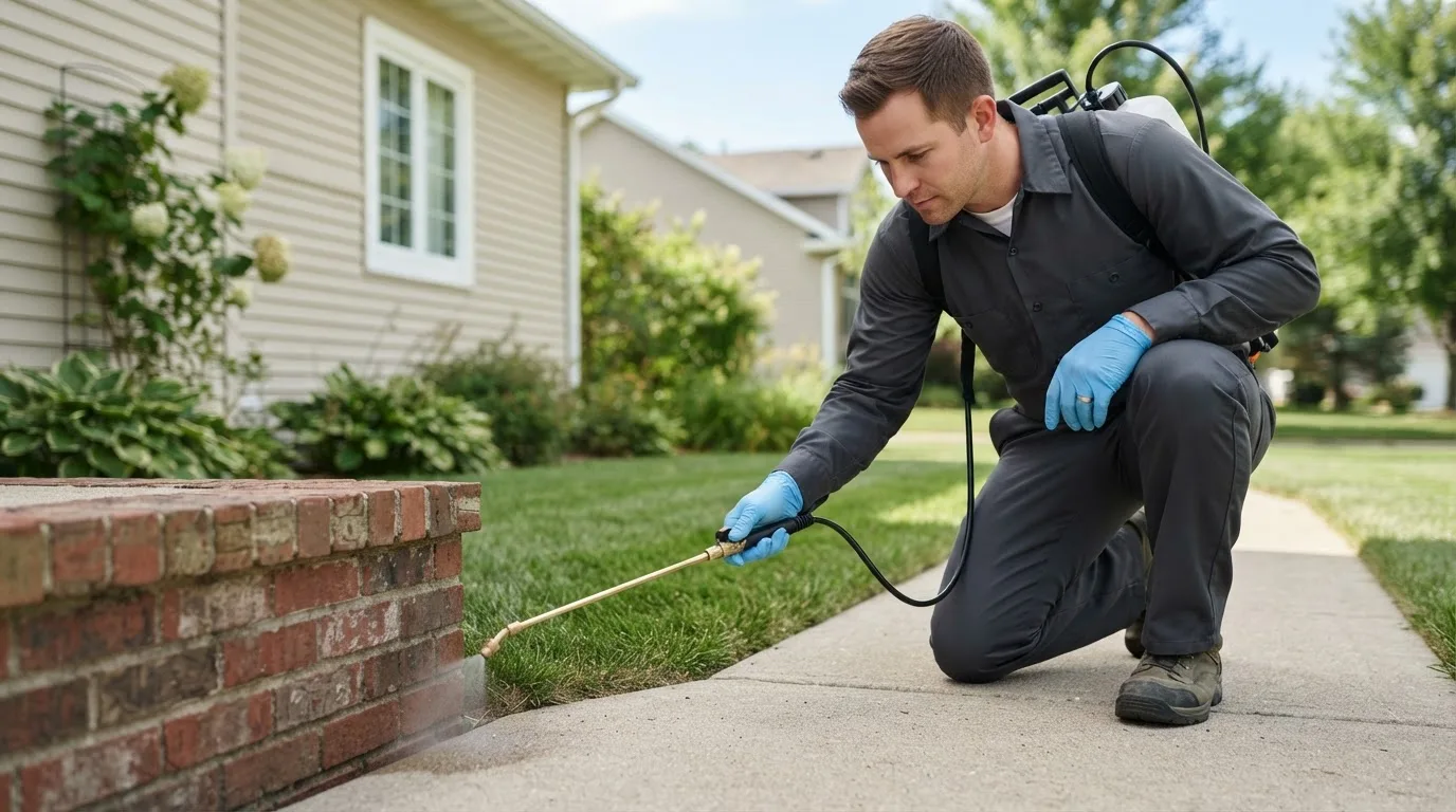 Pest control technician treating a home near Alma, KS